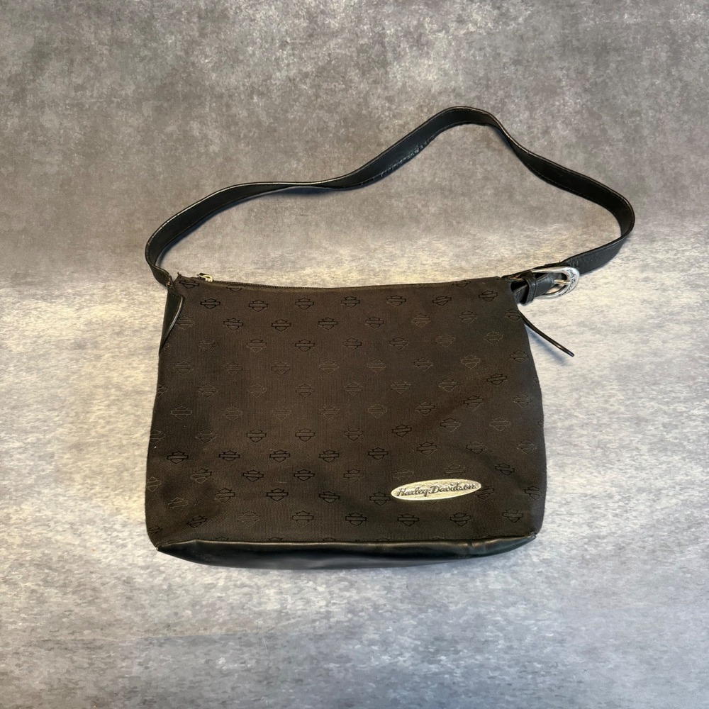 Y2K Harley Davidson Black Canvas Bar & Shield Monogram Shoulder Bag Purse VTG